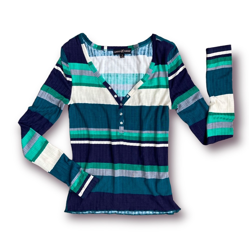 NWT Almost Famous Women’s green striped stretchy ribbed long sleeve top, Sz S